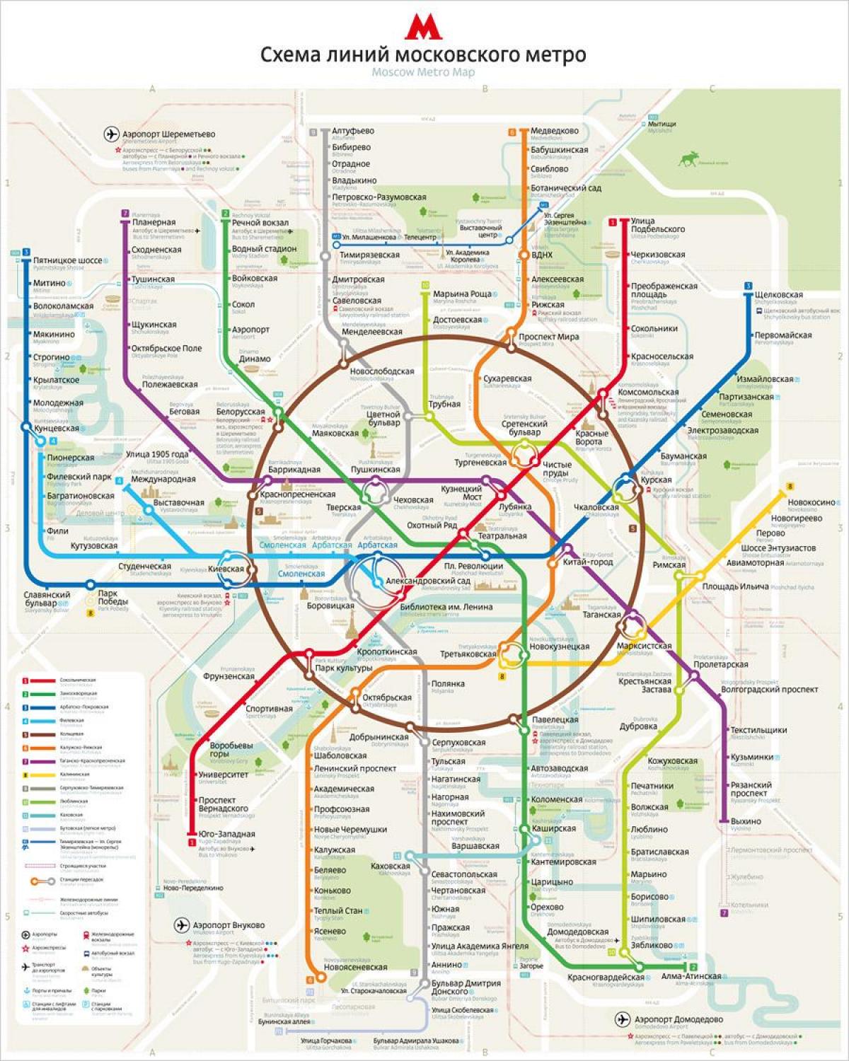 kort af Moskvu metro ensku og rússneska