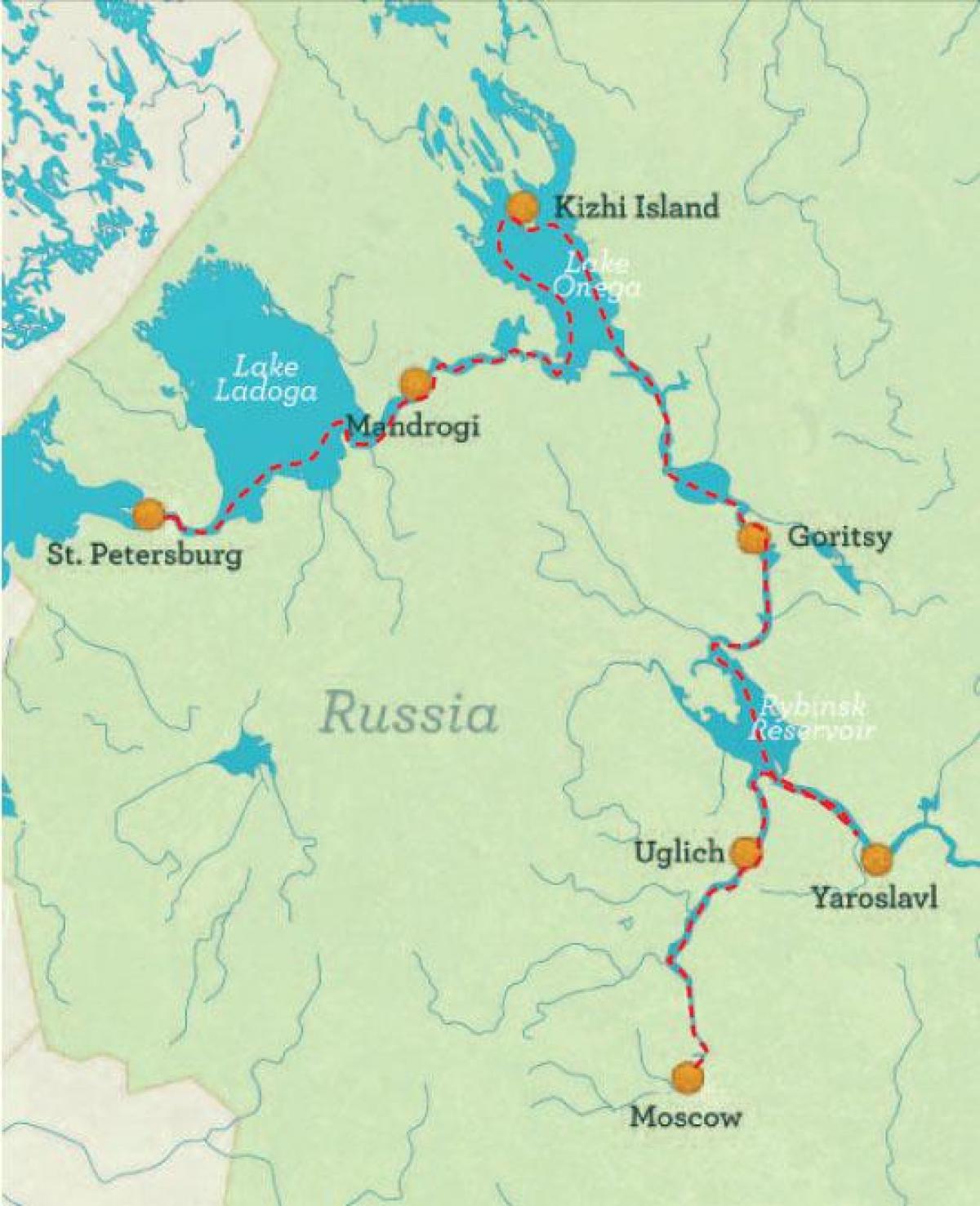 kort af St Pétursborg til Moskvu cruise