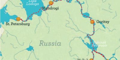 Kort af St Pétursborg til Moskvu cruise